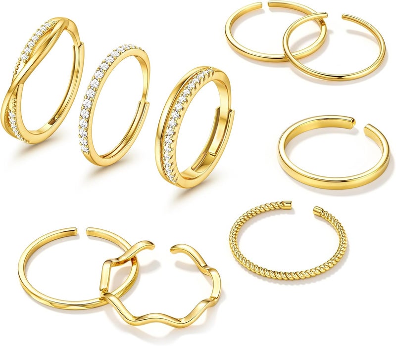 Jstyle Gold Stackable Rings for Women Non Tarnish Open Adjustable Rings Cubic Zirconia Thin Thumb Silver Ring Set 14K Gold Filled Pinky Knuckle Stacking Set - Dainty Statement Promise Band Ring Sets - Image 1